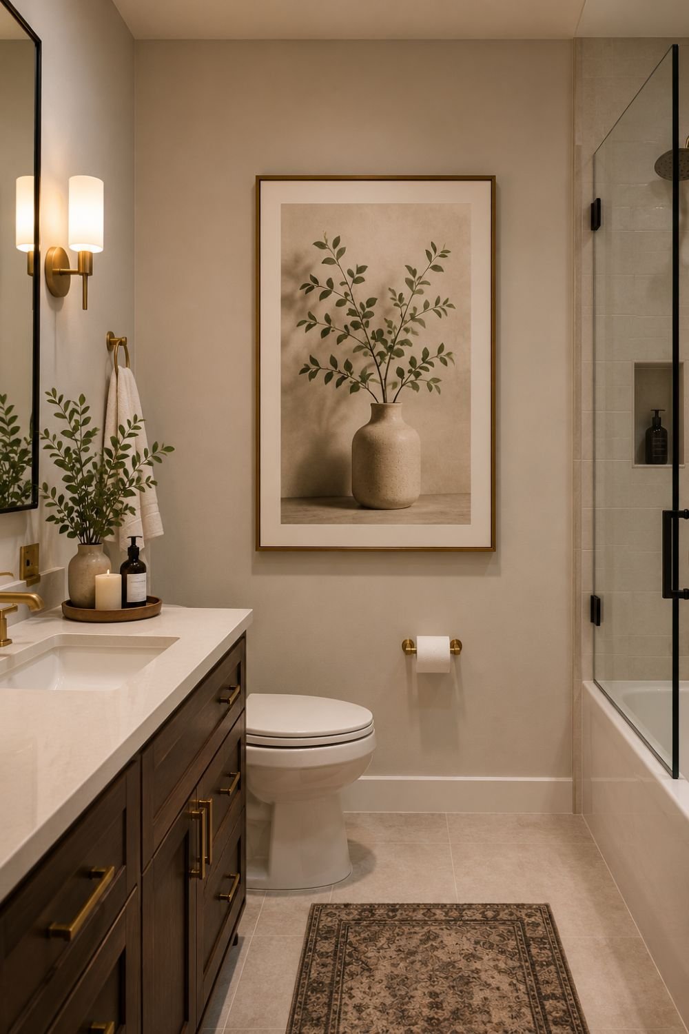 Framed art creating focal point in stylish bathroom