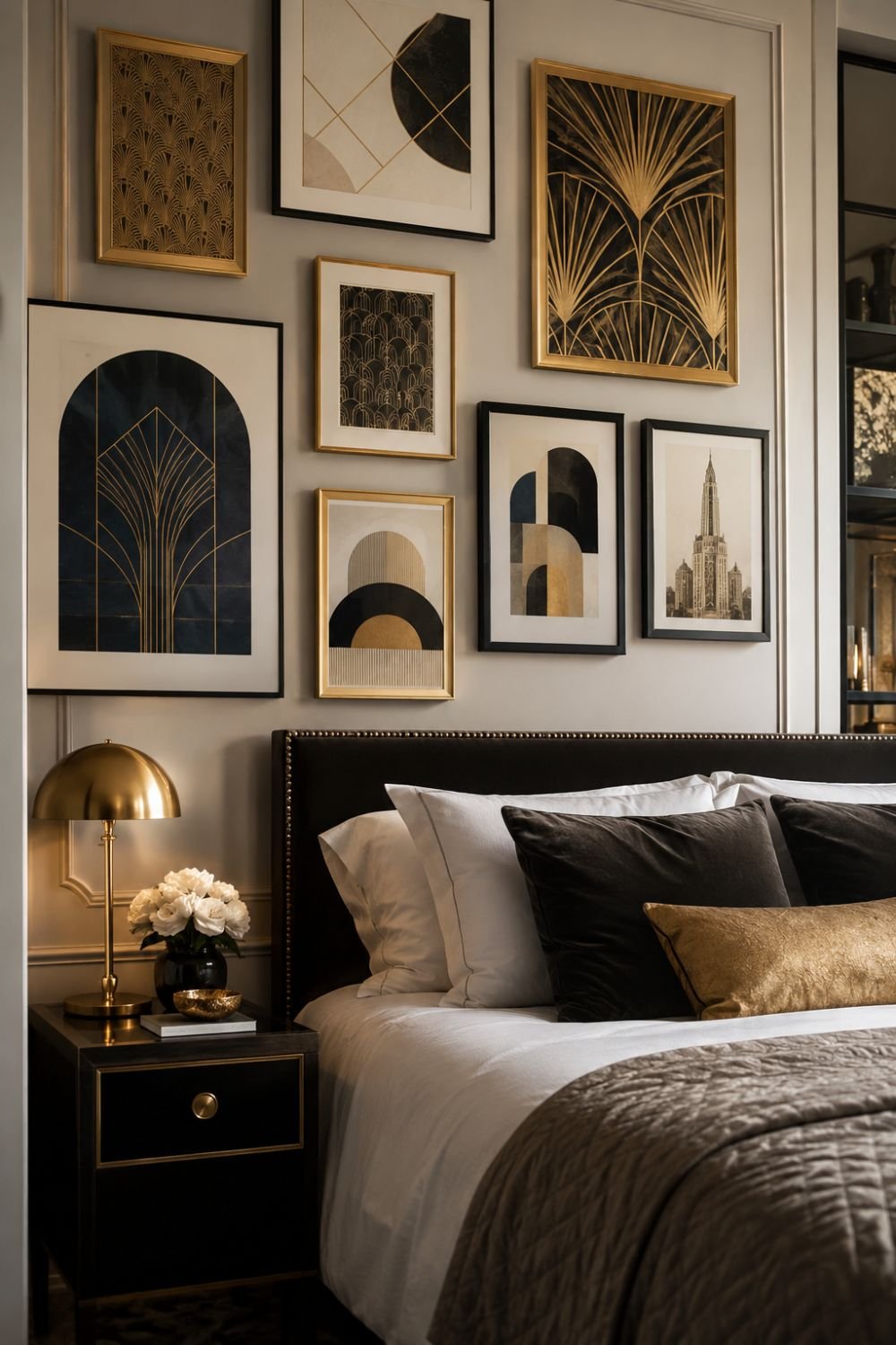Framed geometric art deco prints creating gallery wall in neo deco bedroom"