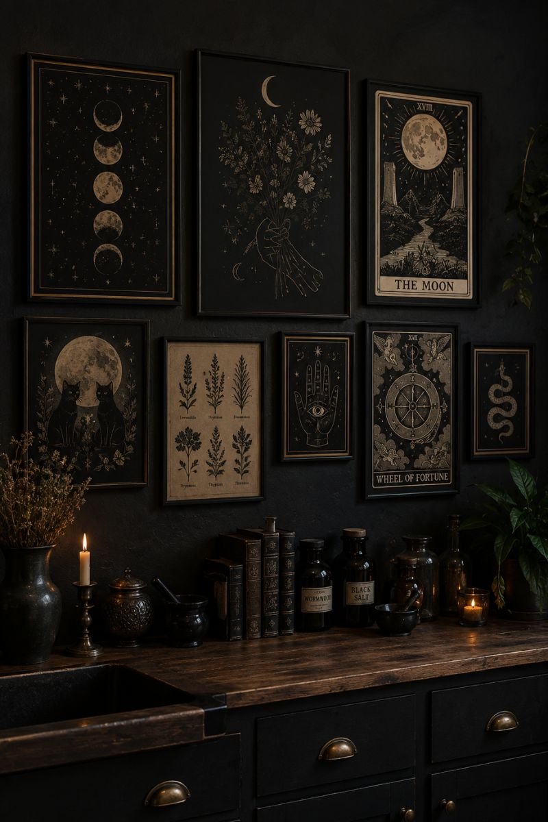 Framed witchy artwork and moon phase prints on kitchen wal