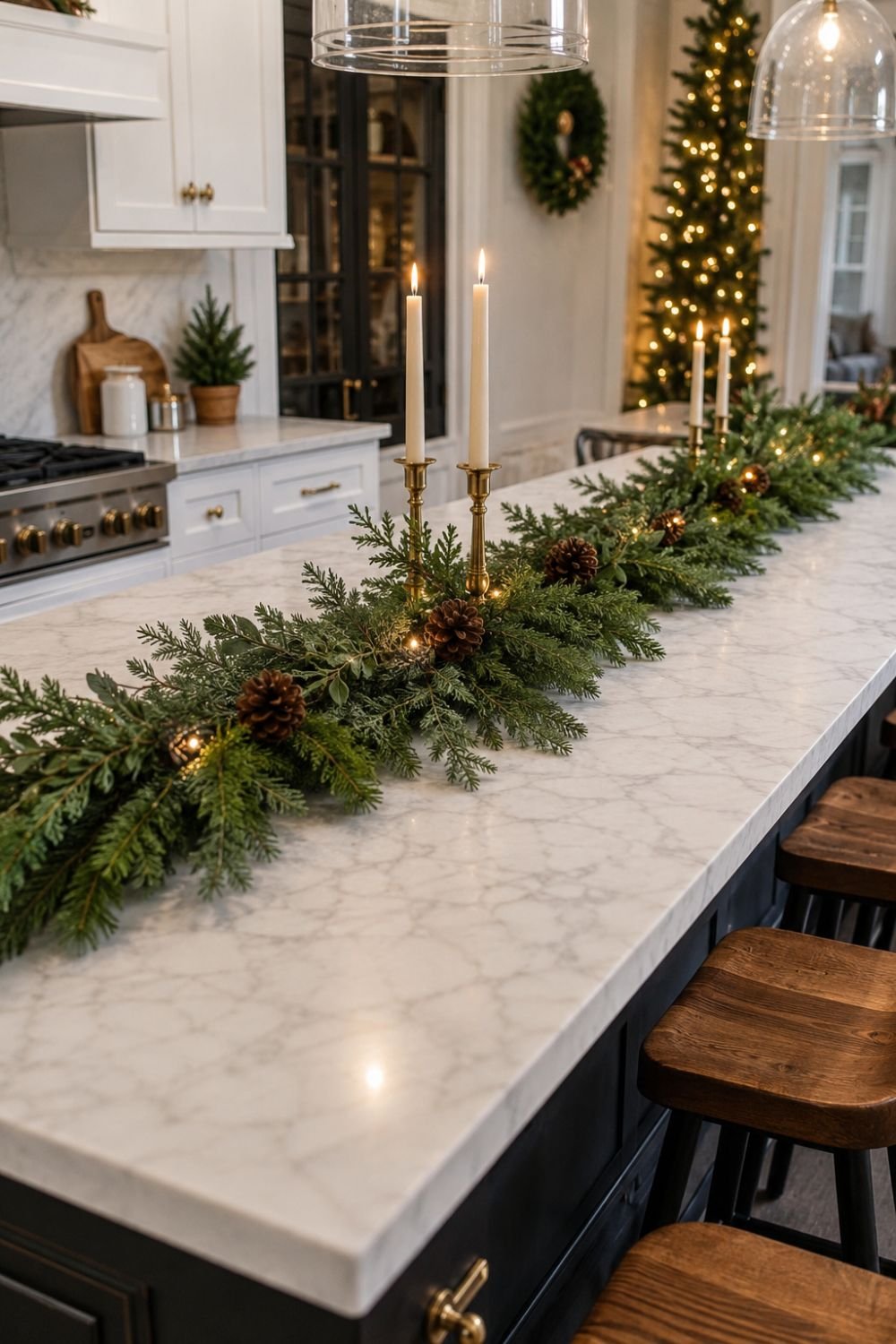 Fresh evergreen garland running down center of Christmas kitchen island