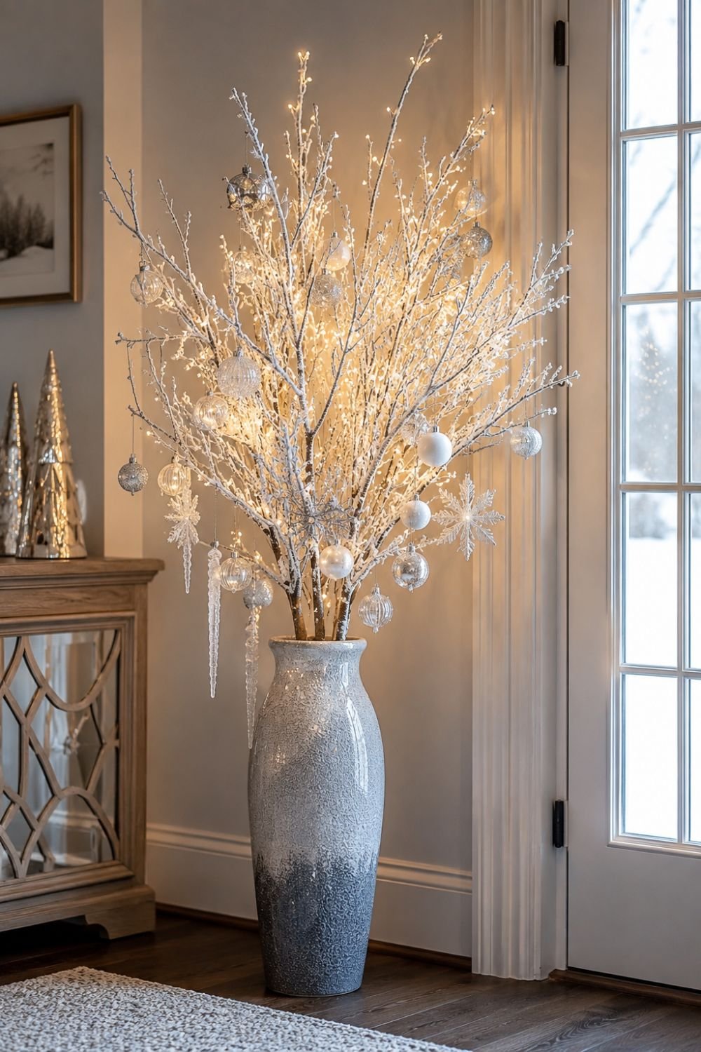 Frosted branches in vase with ornaments creating winter display