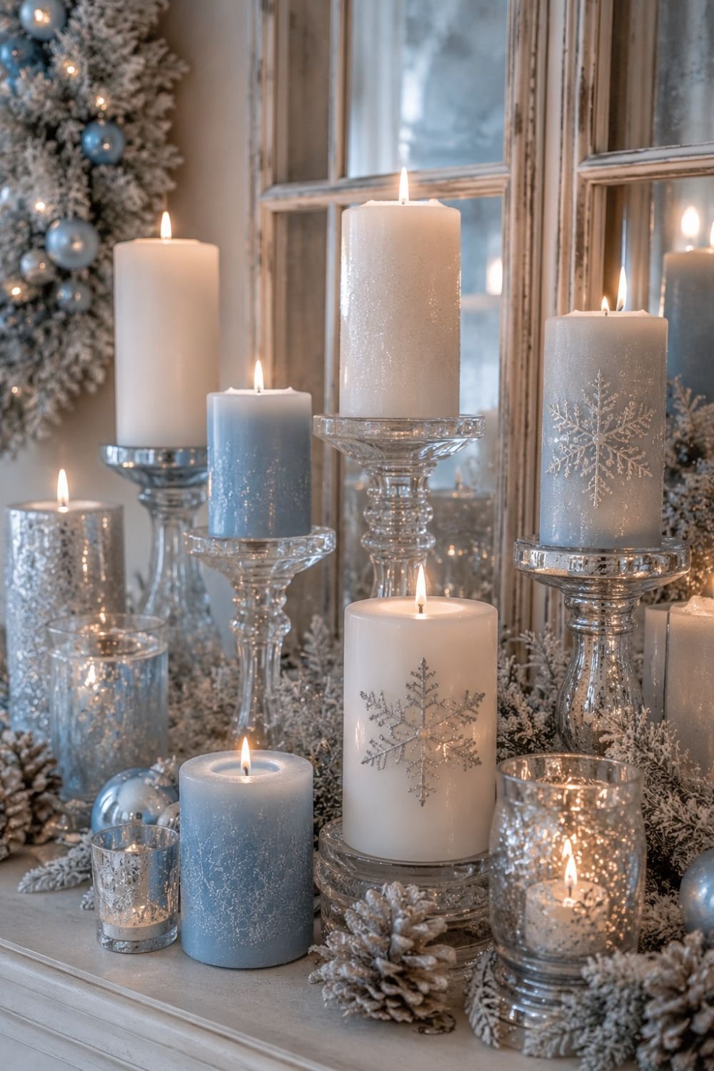 Frosted white and blue candles creating winter wonderland lighting