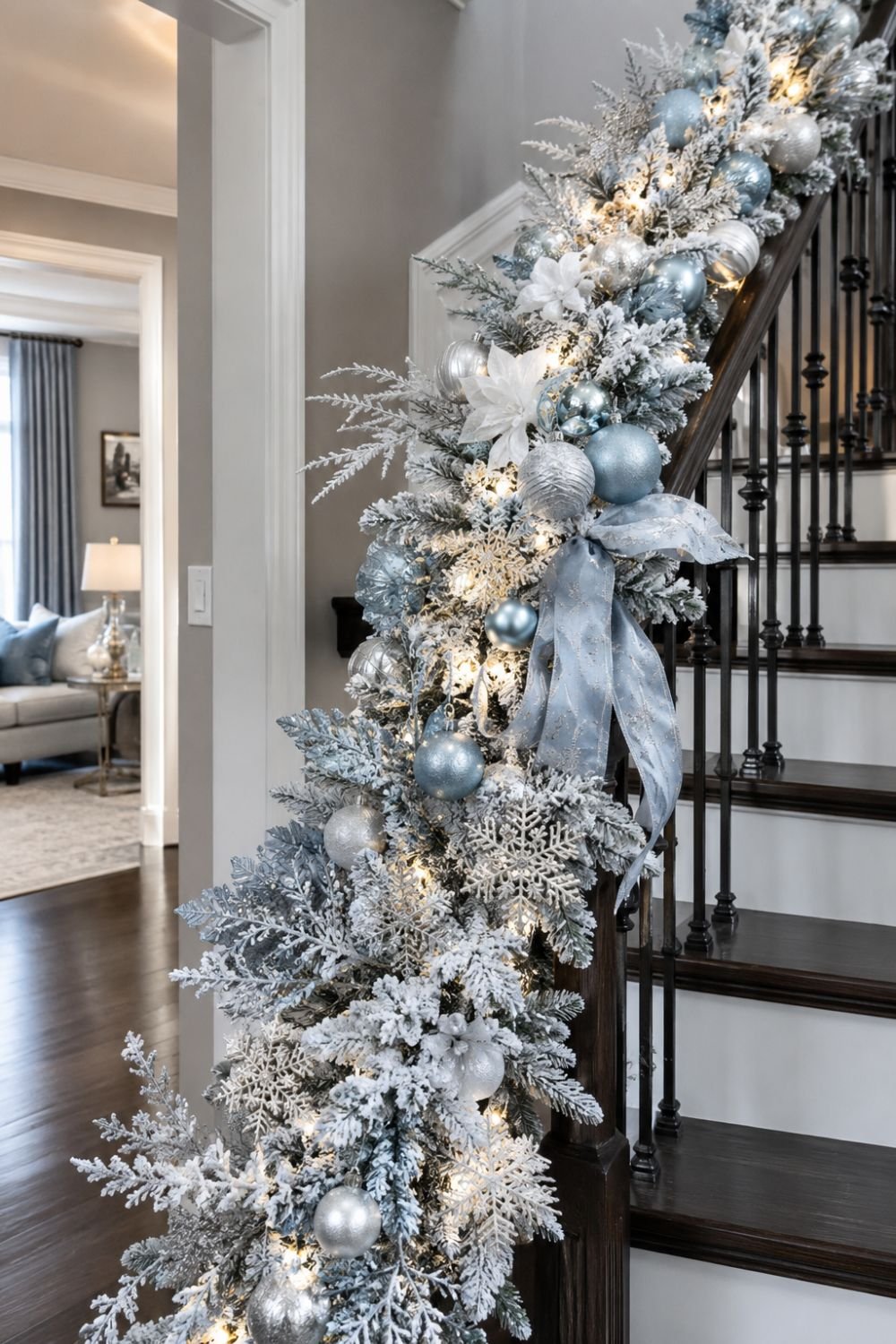 Frosted white and icy blue garland creating winter wonderland magic