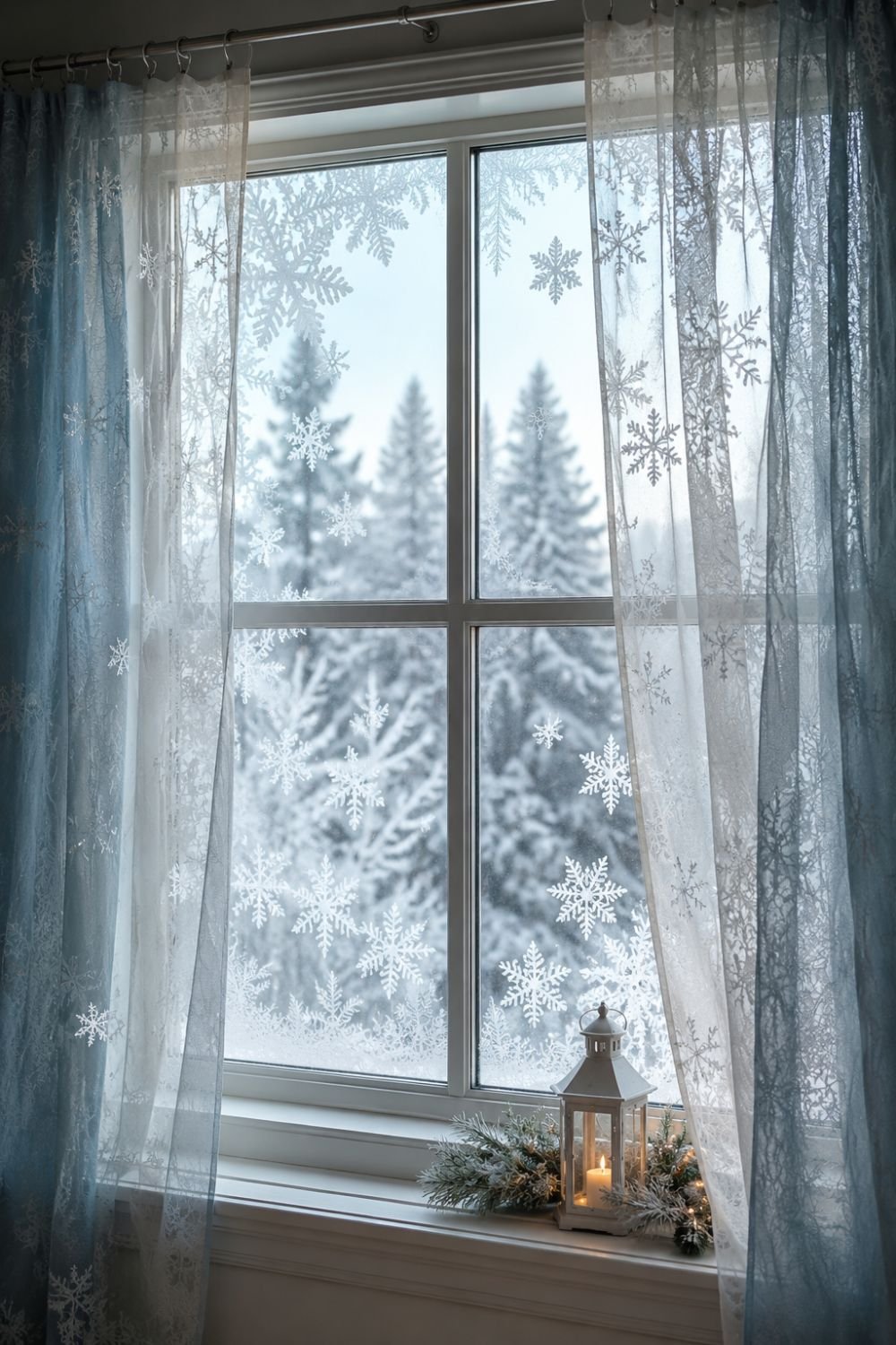 Frosted window treatment creating winter wonderland view
