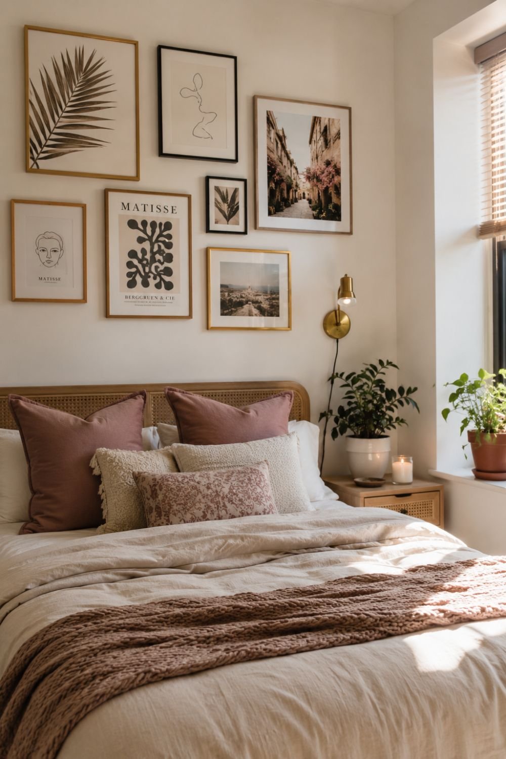 Gallery wall of artwork hung with museum putty in apartment