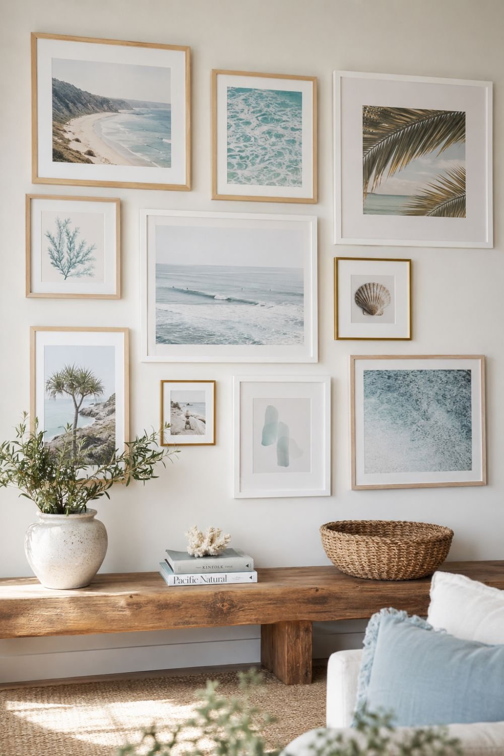 Gallery wall with aquamarine coastal artwork and prints