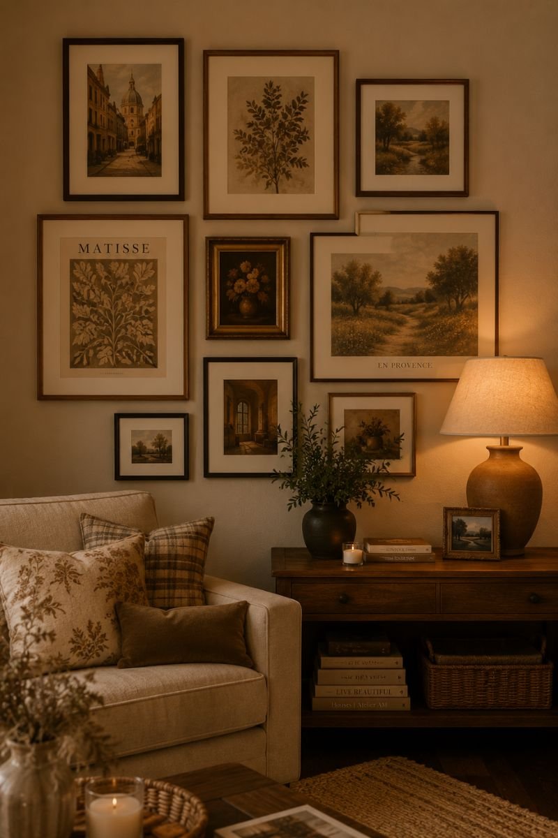 Gallery wall with warm-toned prints creating cozy focal point