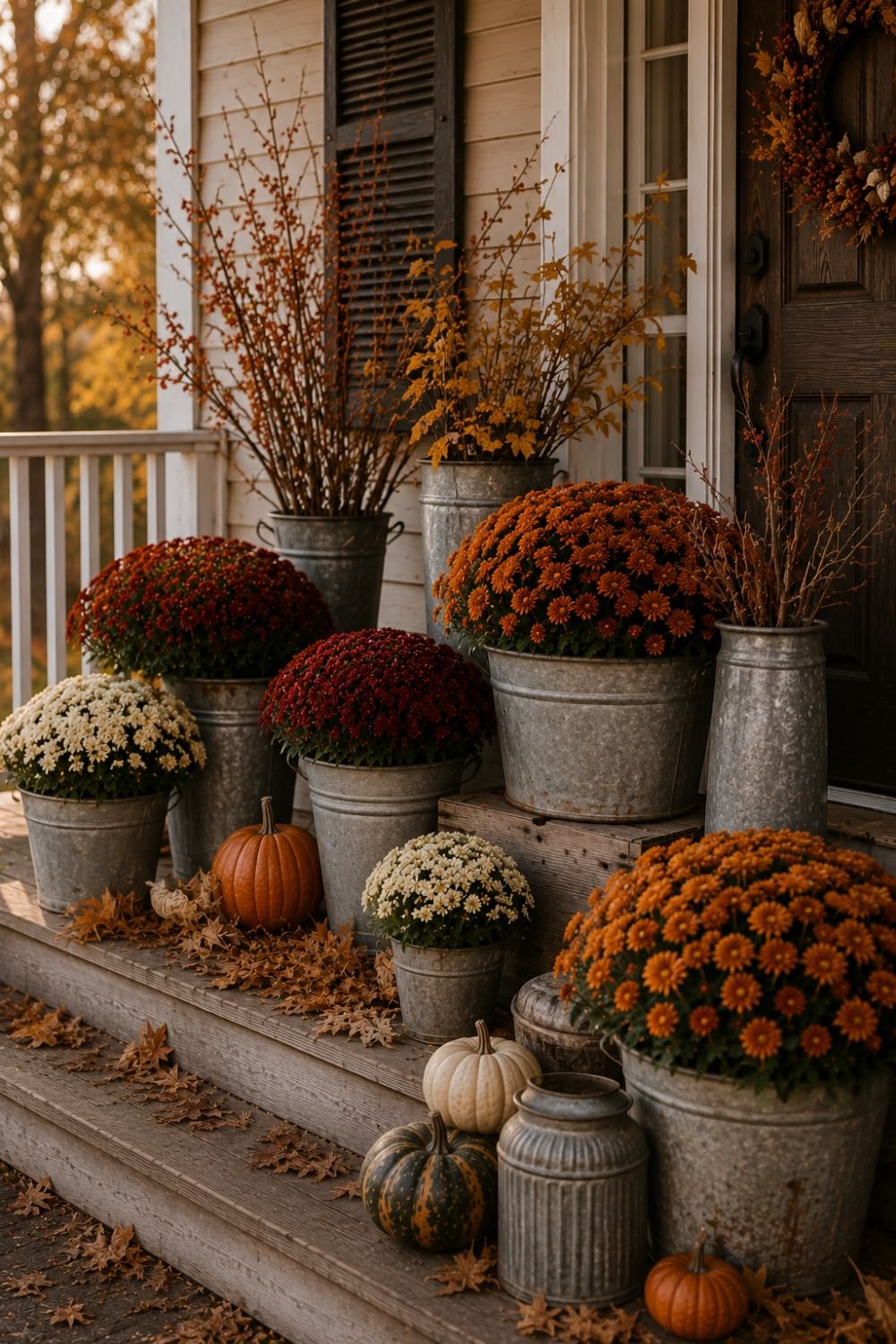 Galvanized metal buckets with mums on farmhouse porch