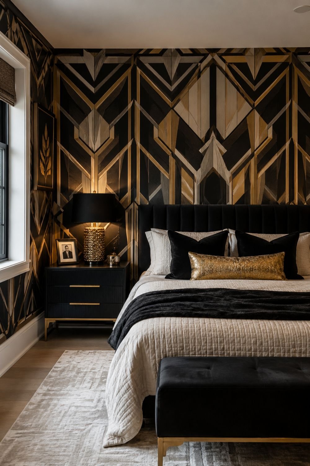 Geometric art deco wallpaper on bedroom wall creating bold pattern