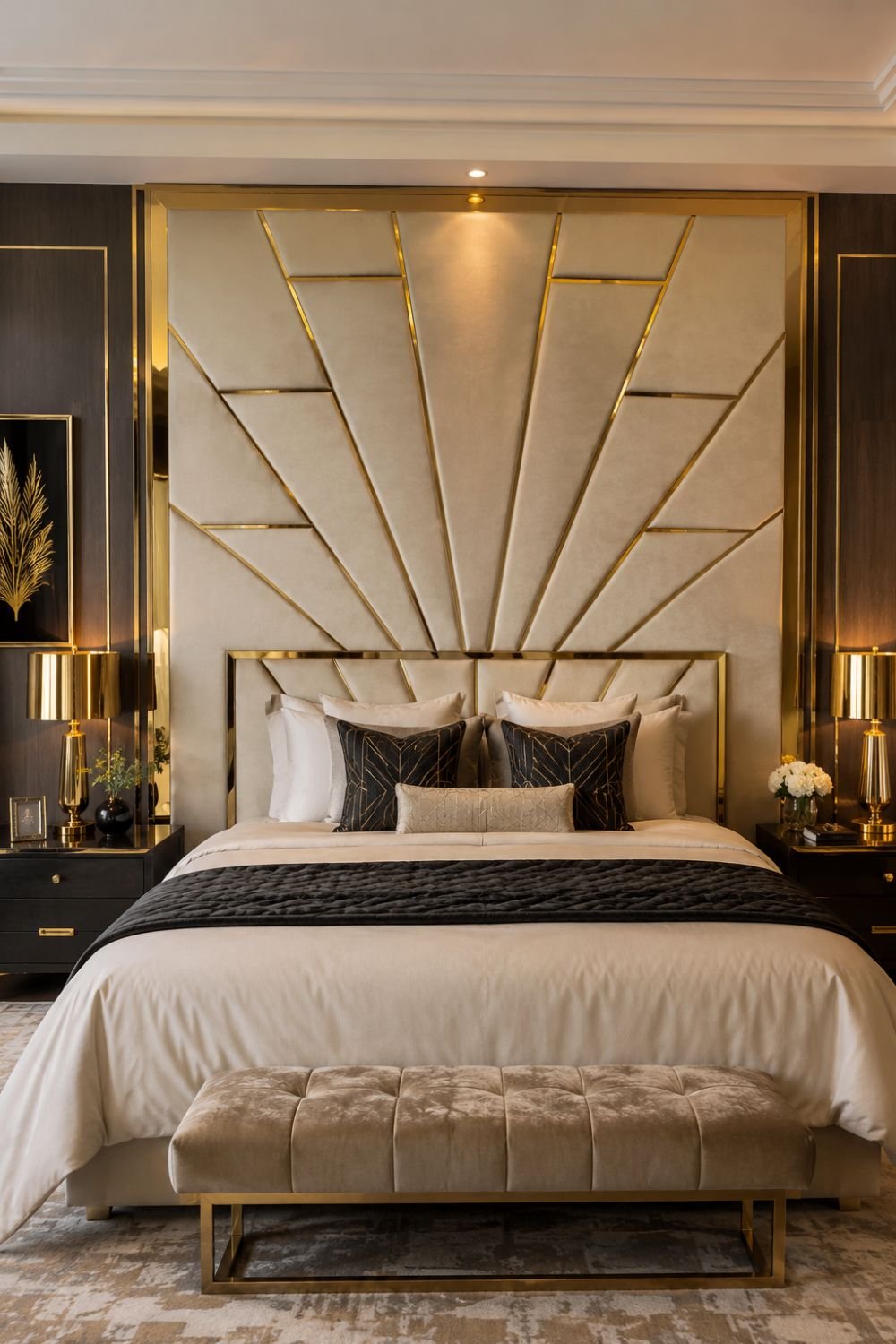 Geometric statement headboard with chrome metal frame in neo deco bedroom