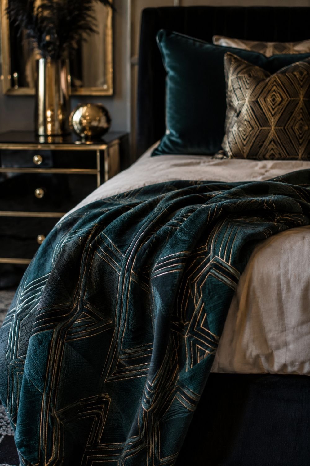 Geometric throw blanket in jewel tones with metallic accents on bed