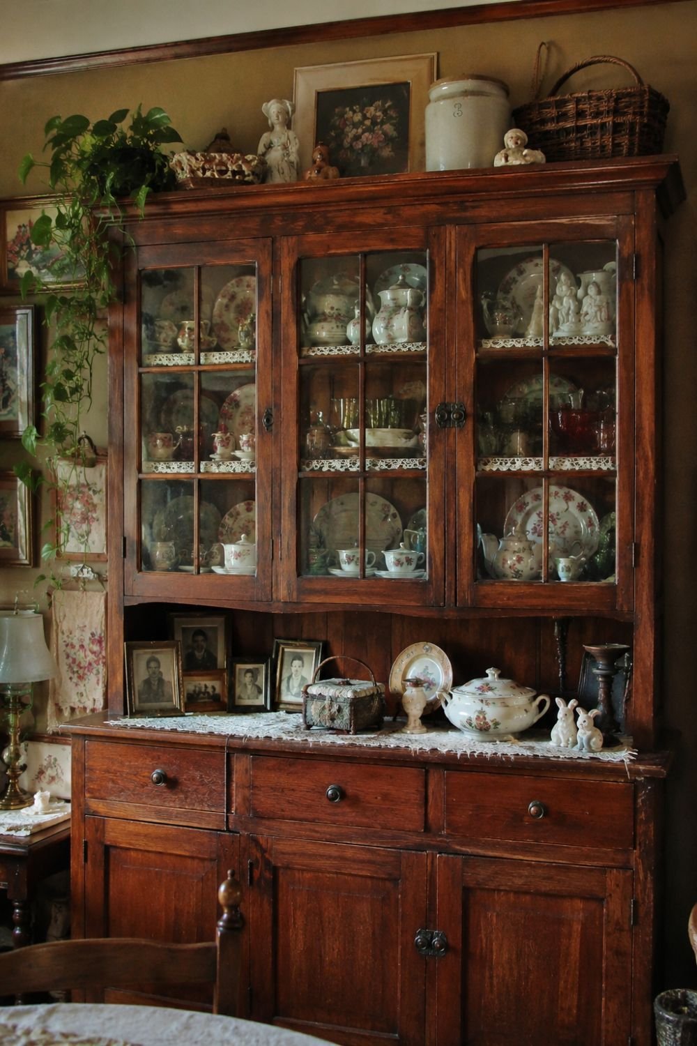 Glass-front vintage hutch displaying collections in cozy dining room