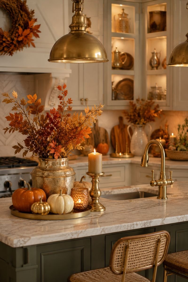Gold accents and metallics creating warm luxury in Thanksgiving kitchen
