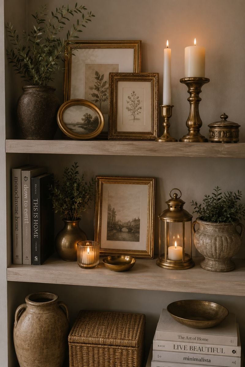 Gold and brass accents creating warm metallic cozy display