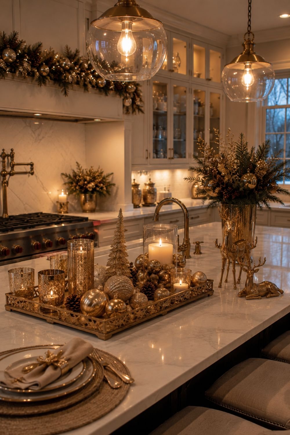Gold metallic accents creating elegant Christmas kitchen island