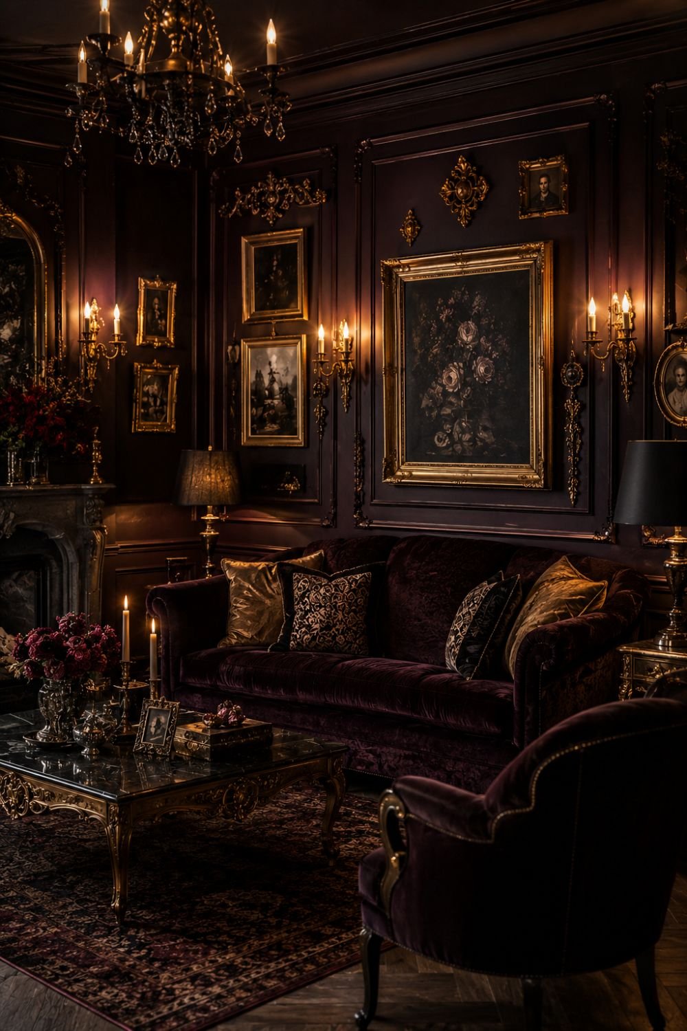 Gold ornate accents creating luxury in dramatic moody space