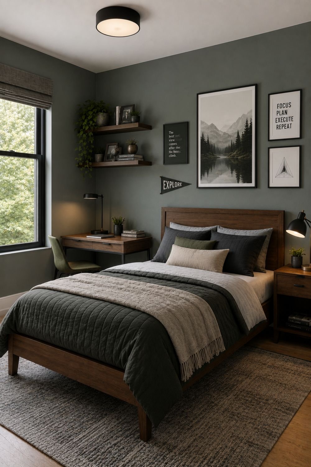 Gray-green walls creating balanced calm boys bedroom