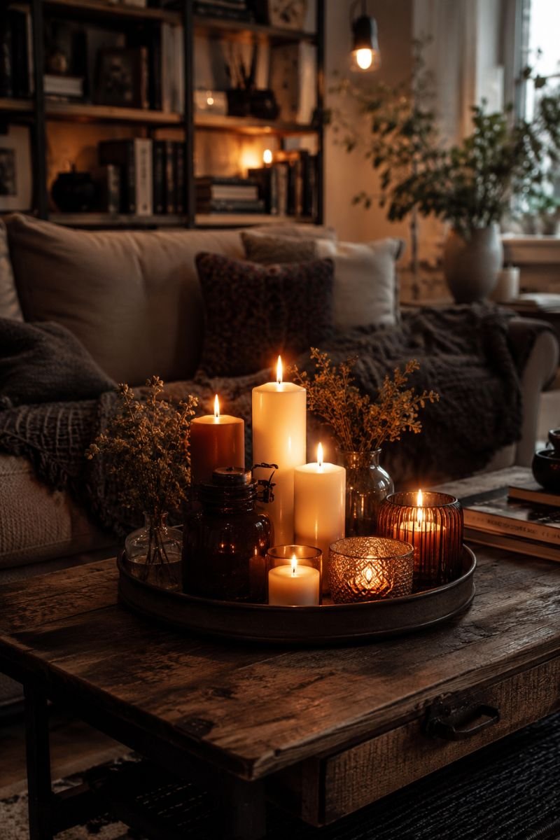 Grouped candles creating warm cozy ambiance in winter space"