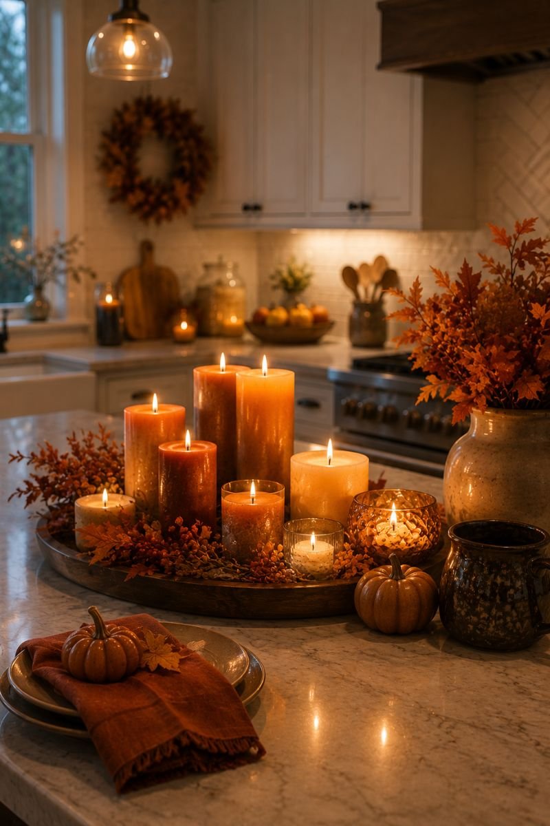 Grouped candles in warm tones creating festive Thanksgiving ambiance