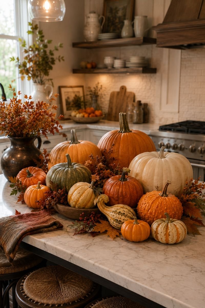 Grouped pumpkins and gourds creating Thanksgiving display