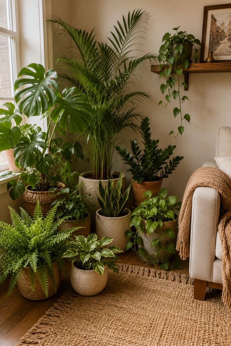 Grouped winter plants in pots creating lush cozy corner