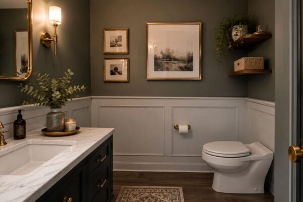 guest bathroom decor with folded towels and soap dispenser