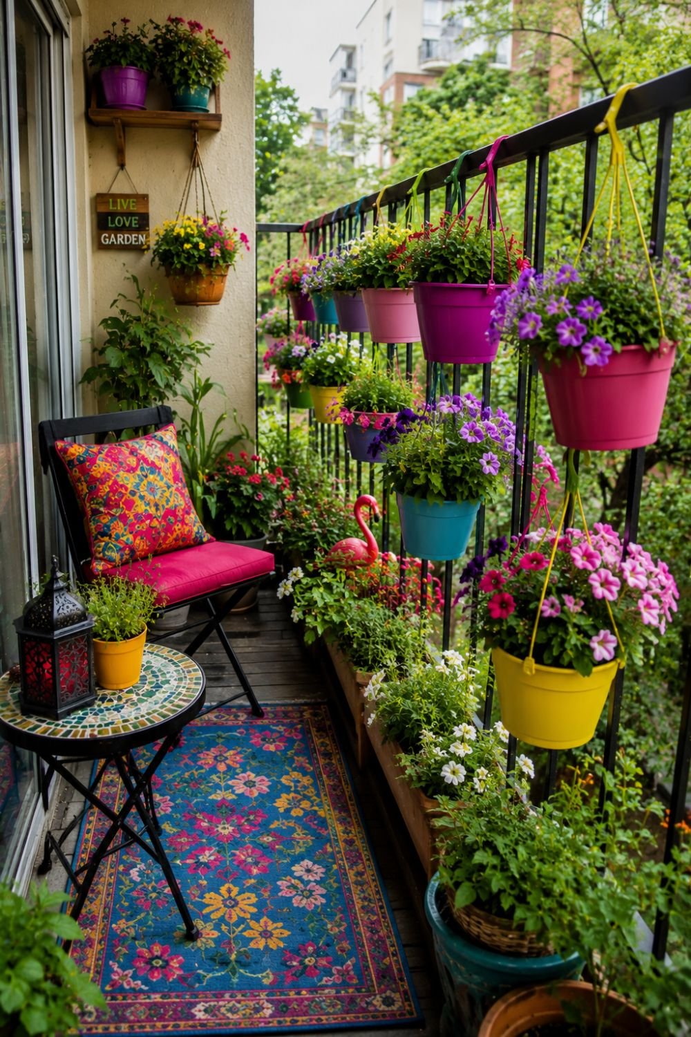 Hanging colorful planters on balcony railing in small space