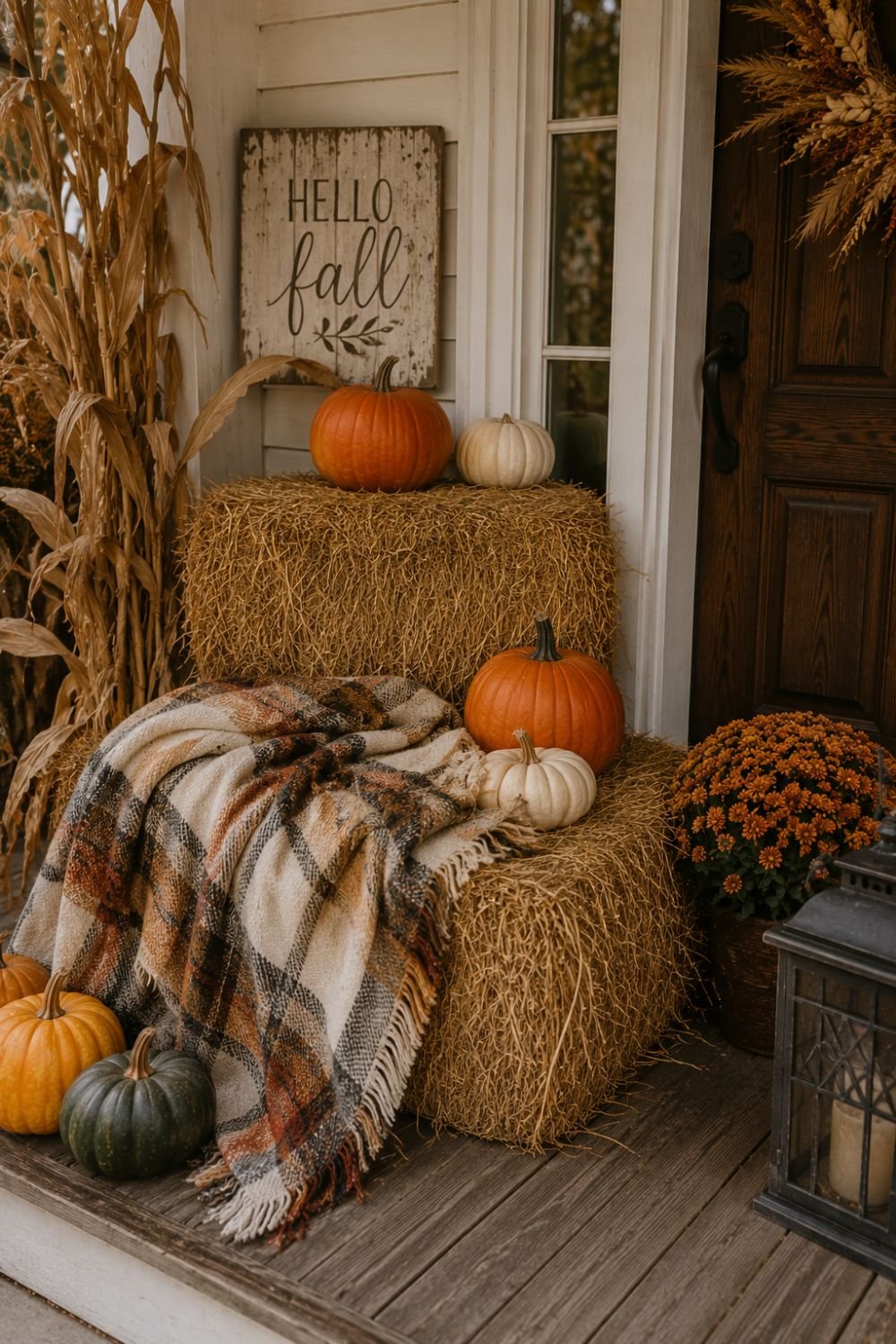Hay bales on farmhouse porch with blanket for cozy fall seating