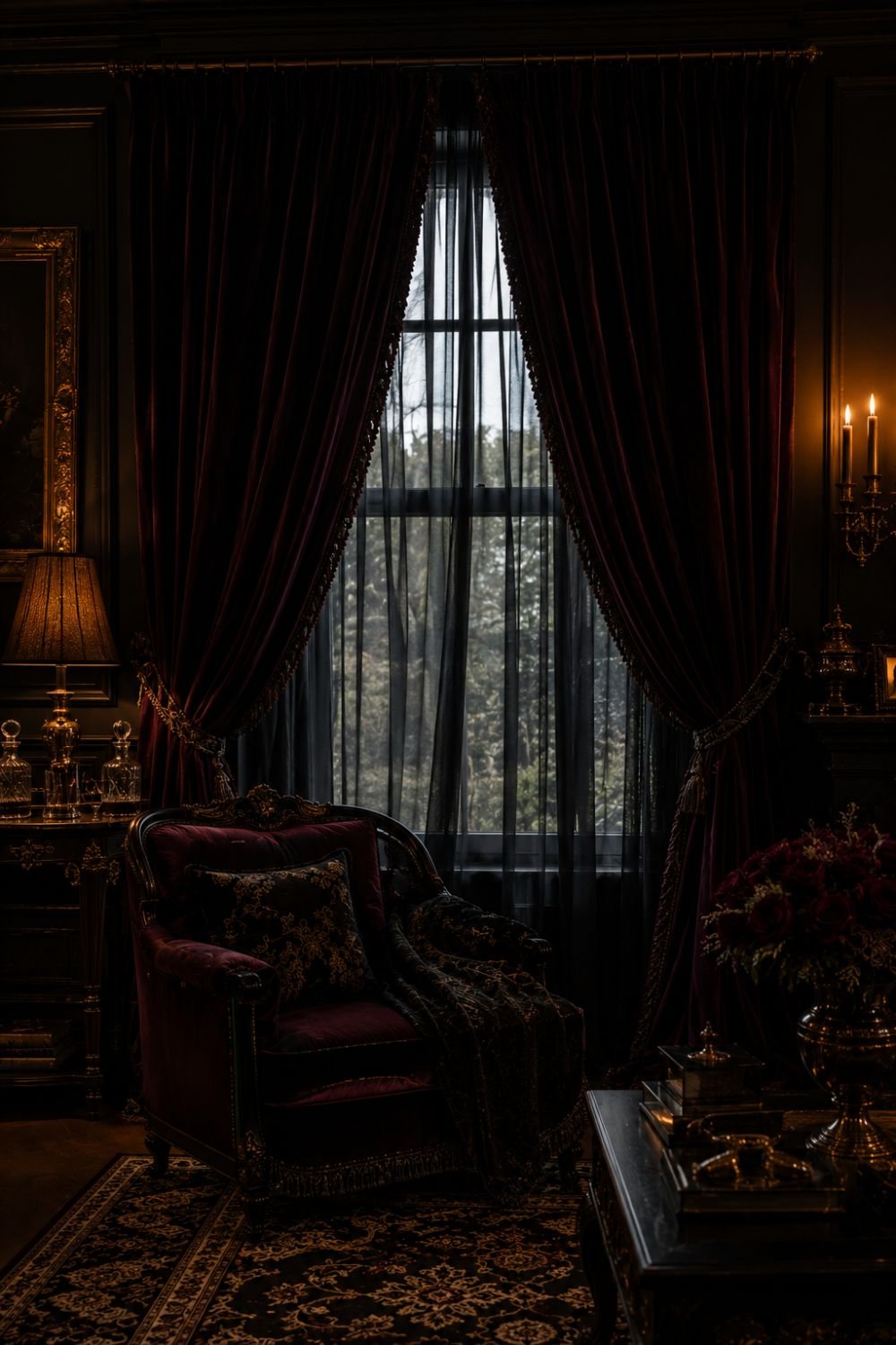 Heavy dark curtains controlling light in dramatic moody space