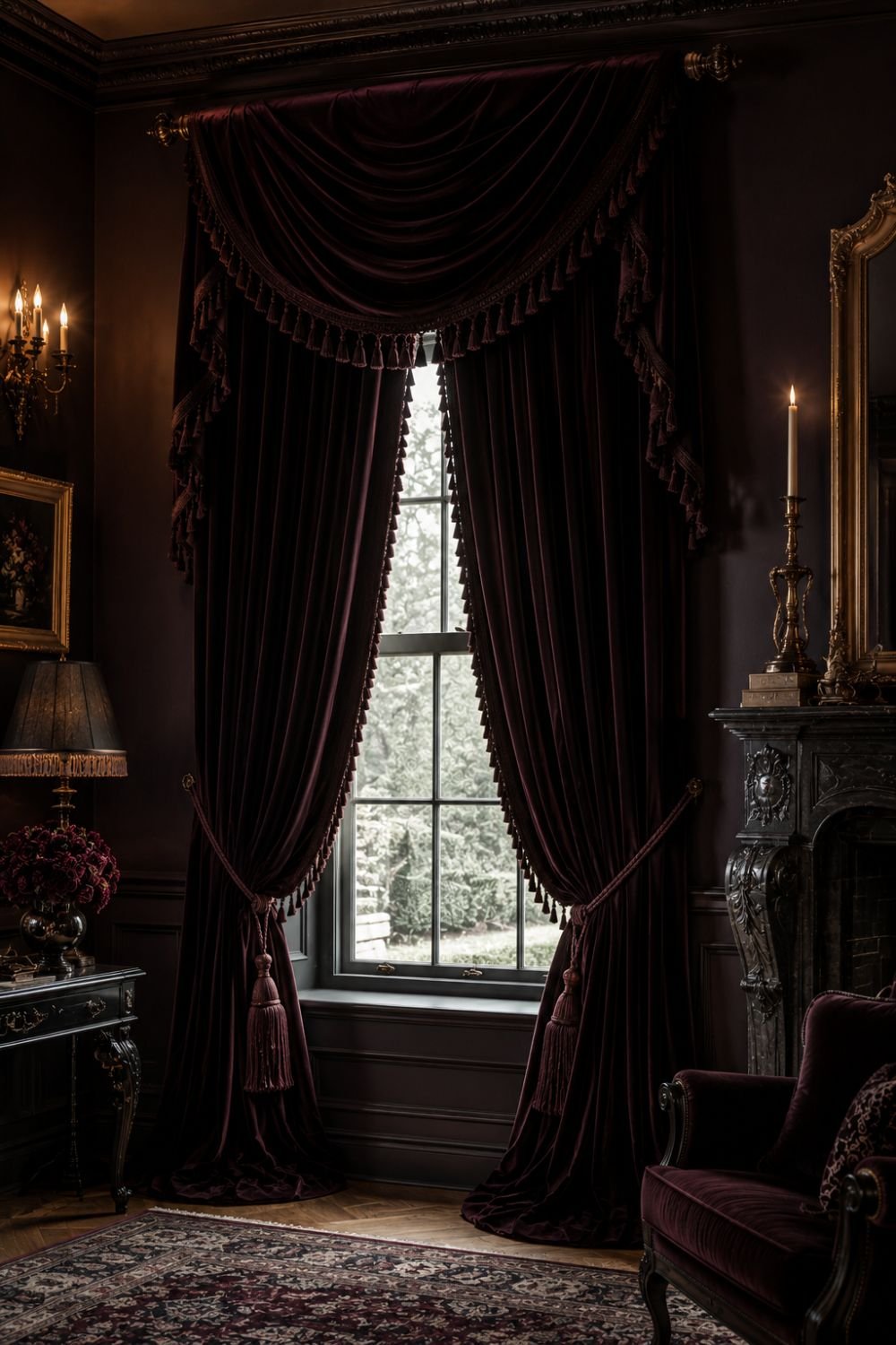 Heavy velvet curtains in burgundy creating dramatic moody window