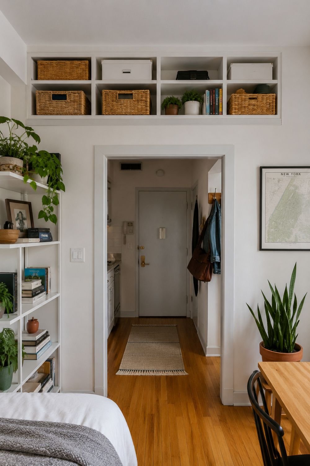 High shelf above doorway storing items in studio apartment