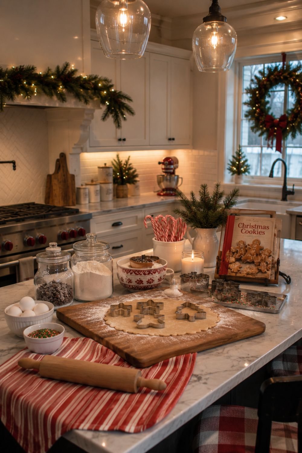 Holiday baking supplies displayed on Christmas kitchen island