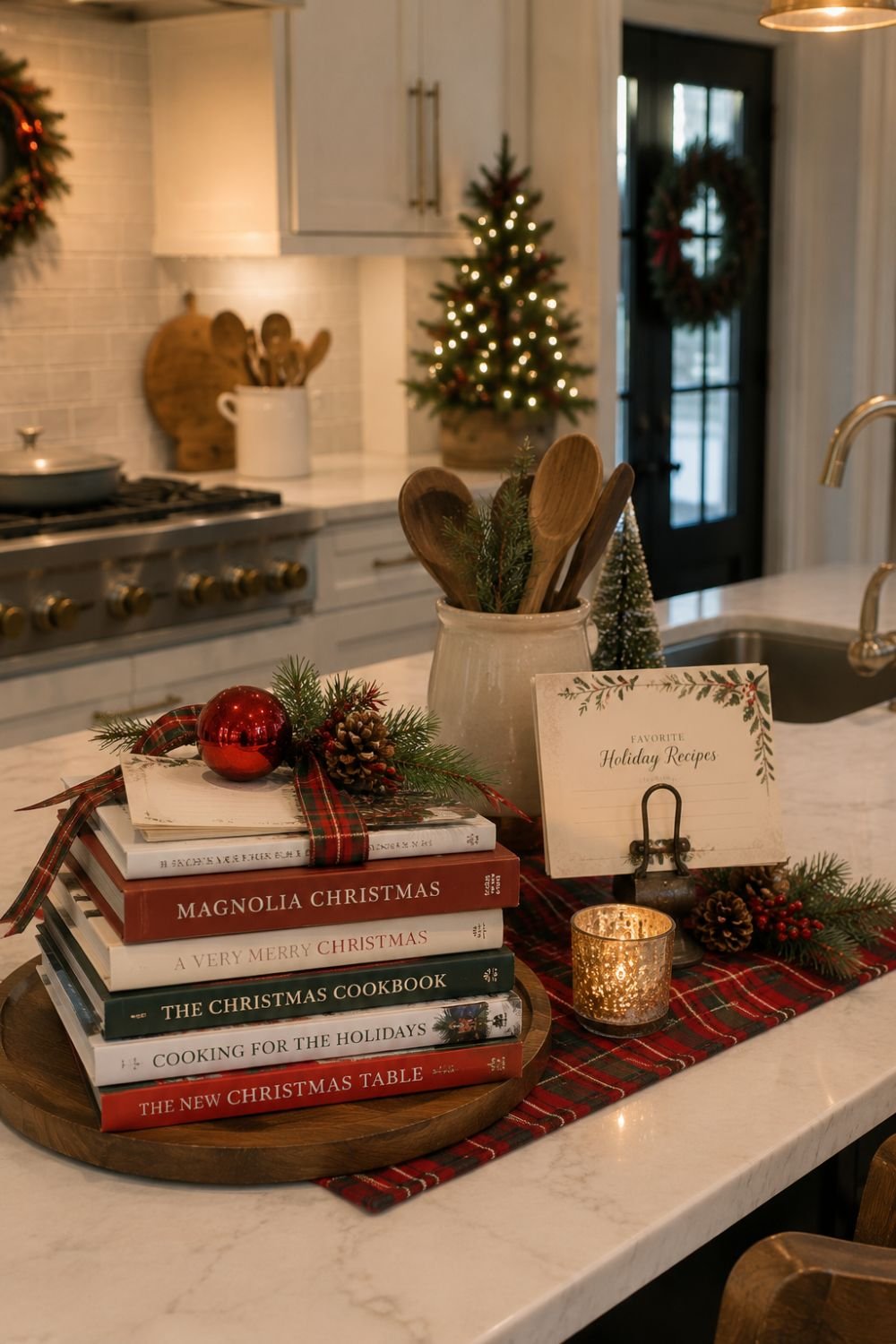 Holiday cookbooks stacked on Christmas kitchen island