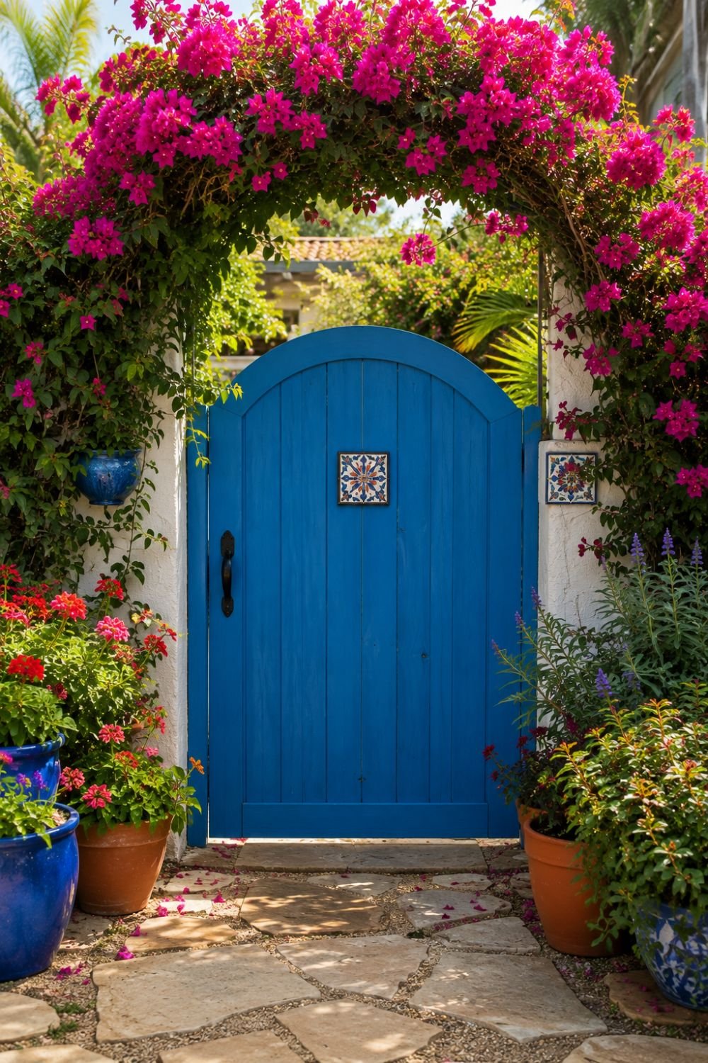 Hot pink garden gate creating colorful entrance to dopamine backyard