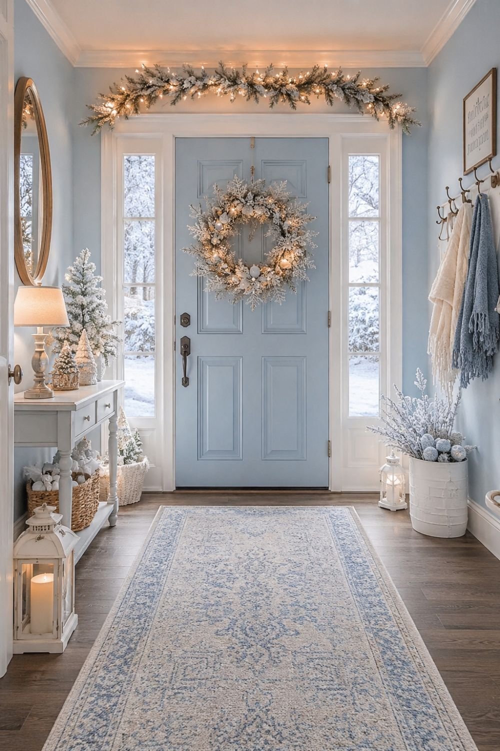 Icy blue entryway with wreath and winter lights creating magical entry