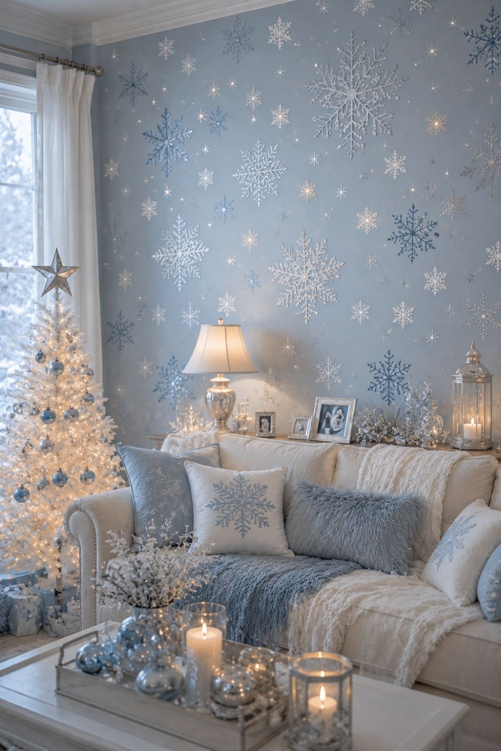 Icy blue snowflake wallpaper creating winter wonderland room
