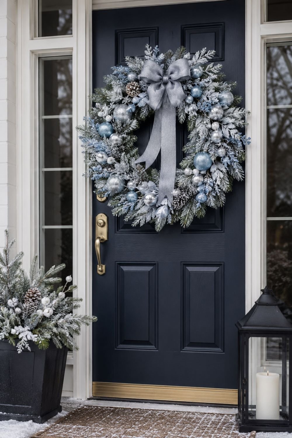 Icy blue wreath with frosted accents on front door