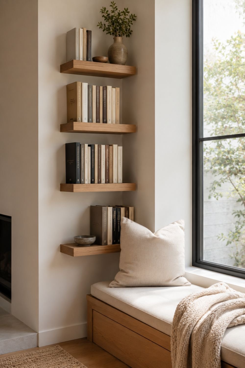 floating bookshelf reading nook idea