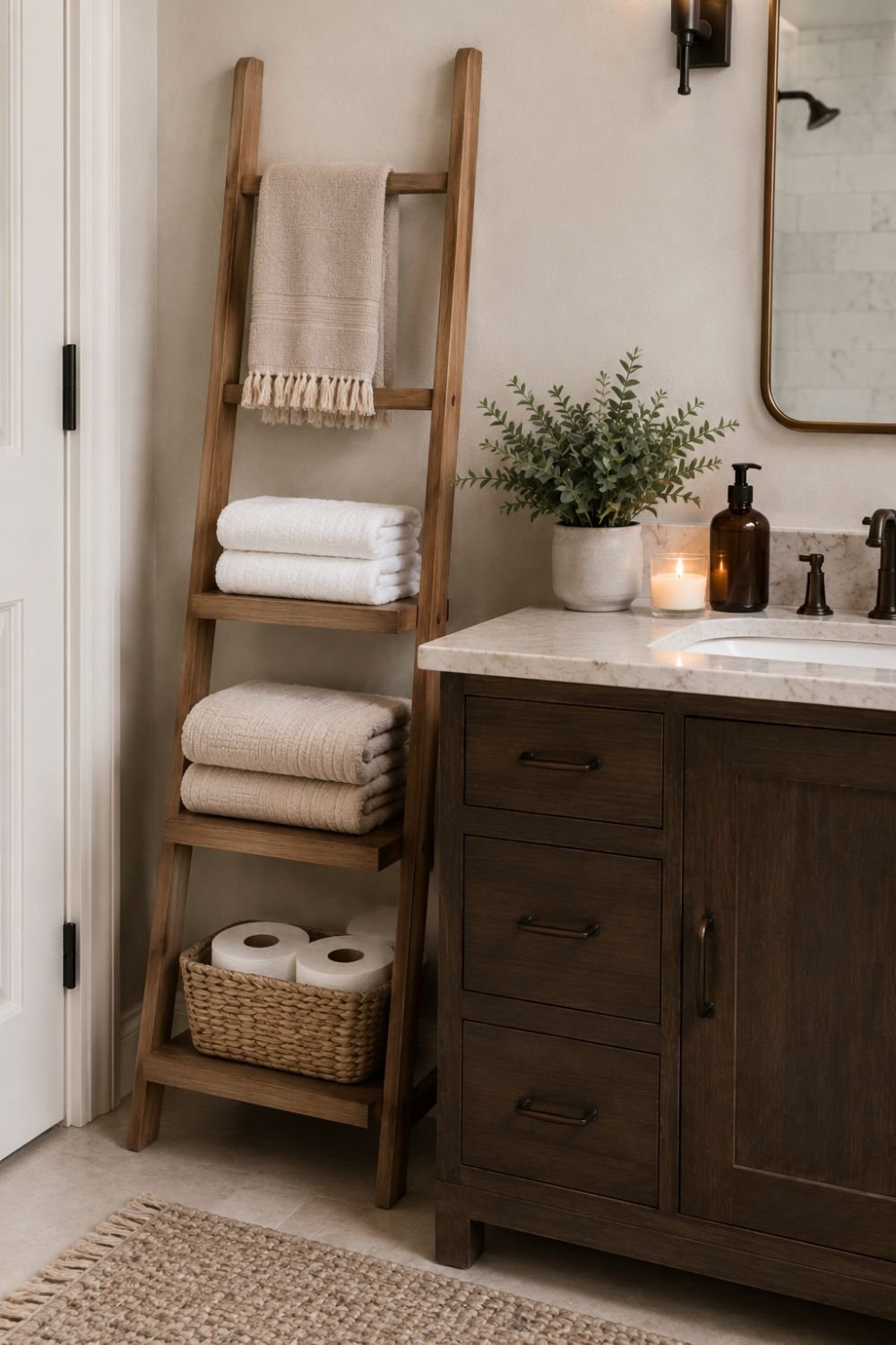 wood ladder towel shelf bathroom