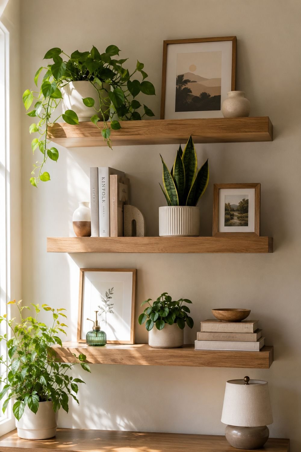 Floating wood shelves with layered indoor plants creating fresh modern home decor.