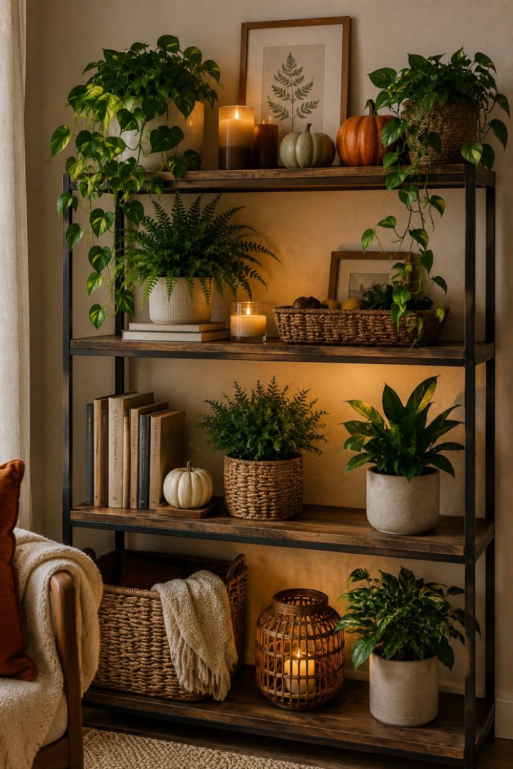 Indoor plant shelf decorated with seasonal home accessories
