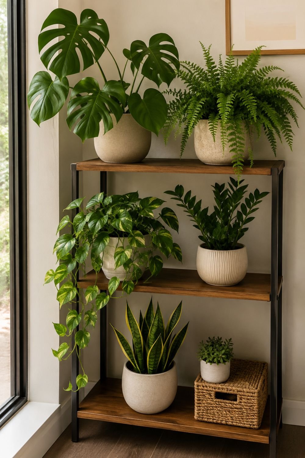 Indoor plant shelf featuring a mix of leaf shapes and textures.