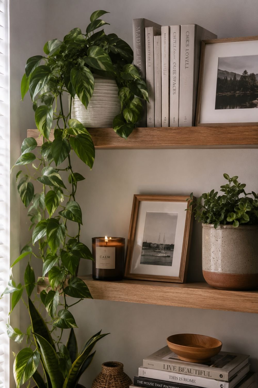 Indoor plant shelf styled with books and decorative accessories