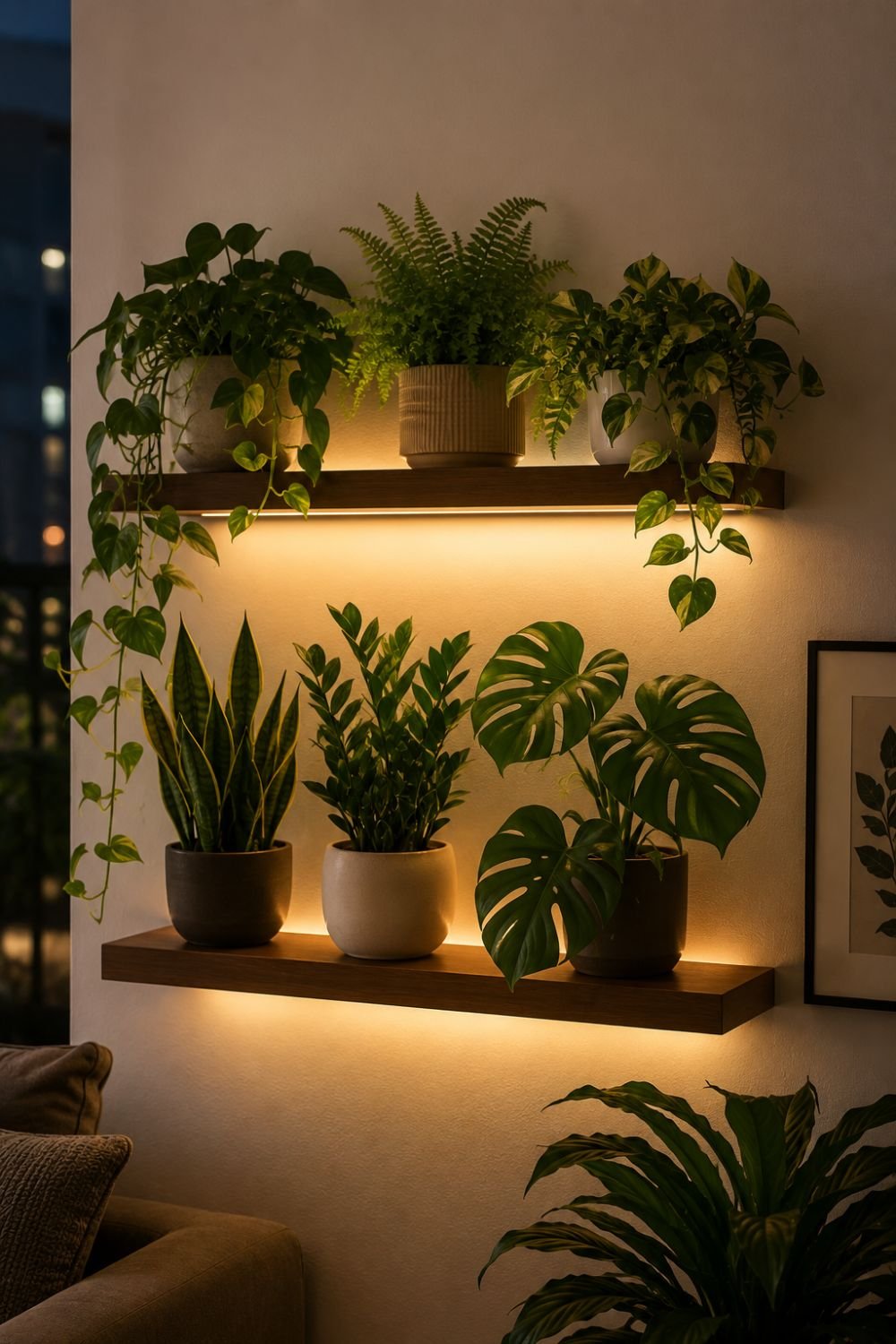 Indoor plant shelf with warm ambient lighting creating a cozy home