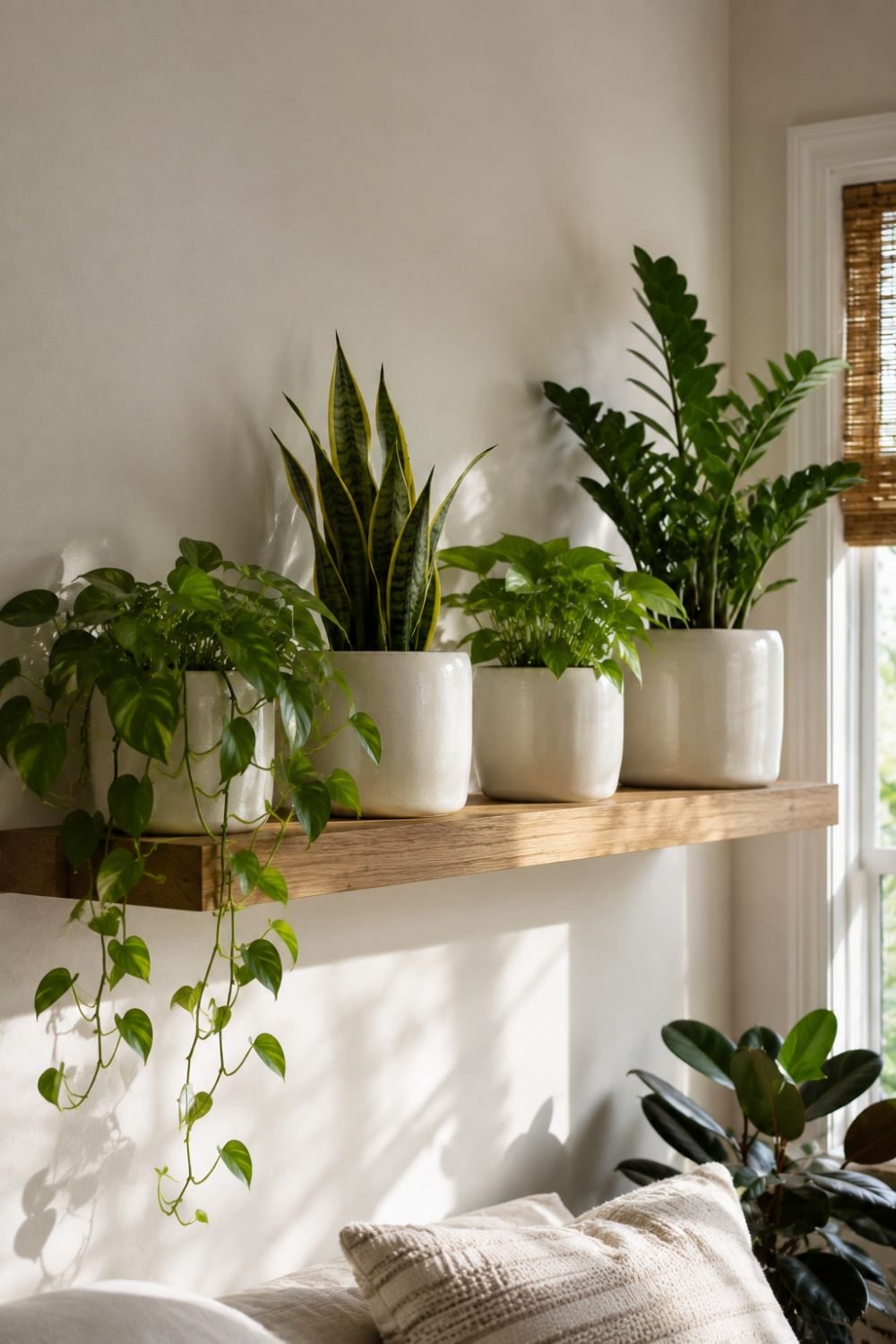 Indoor plants displayed in matching ceramic pots on floating shelves