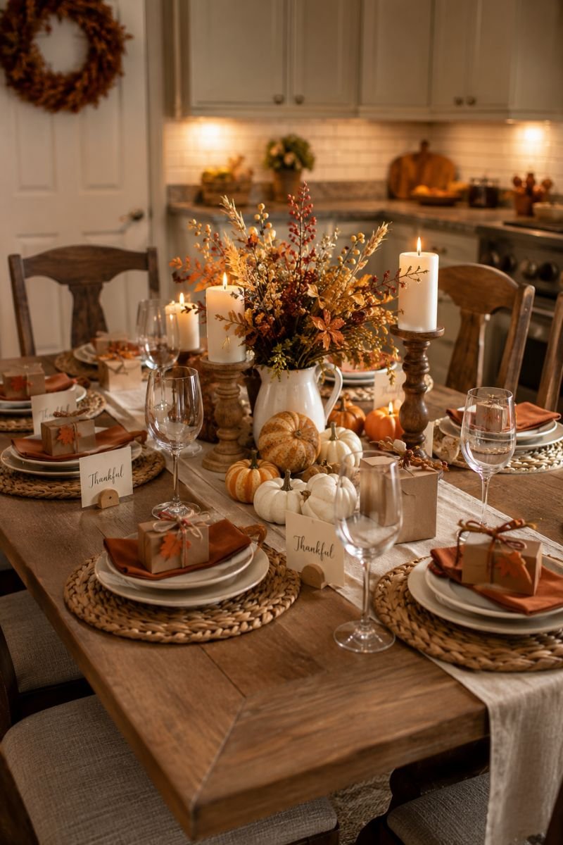 Intentionally set kitchen table with Thanksgiving place settings