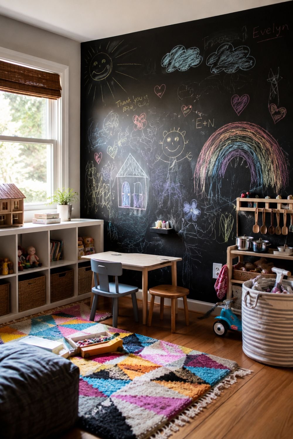 Interactive climbing wall with colorful holds in bright playroom