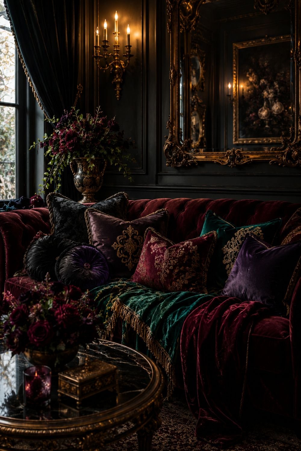Jewel-toned pillows and textiles creating luxurious opera aesthetic
