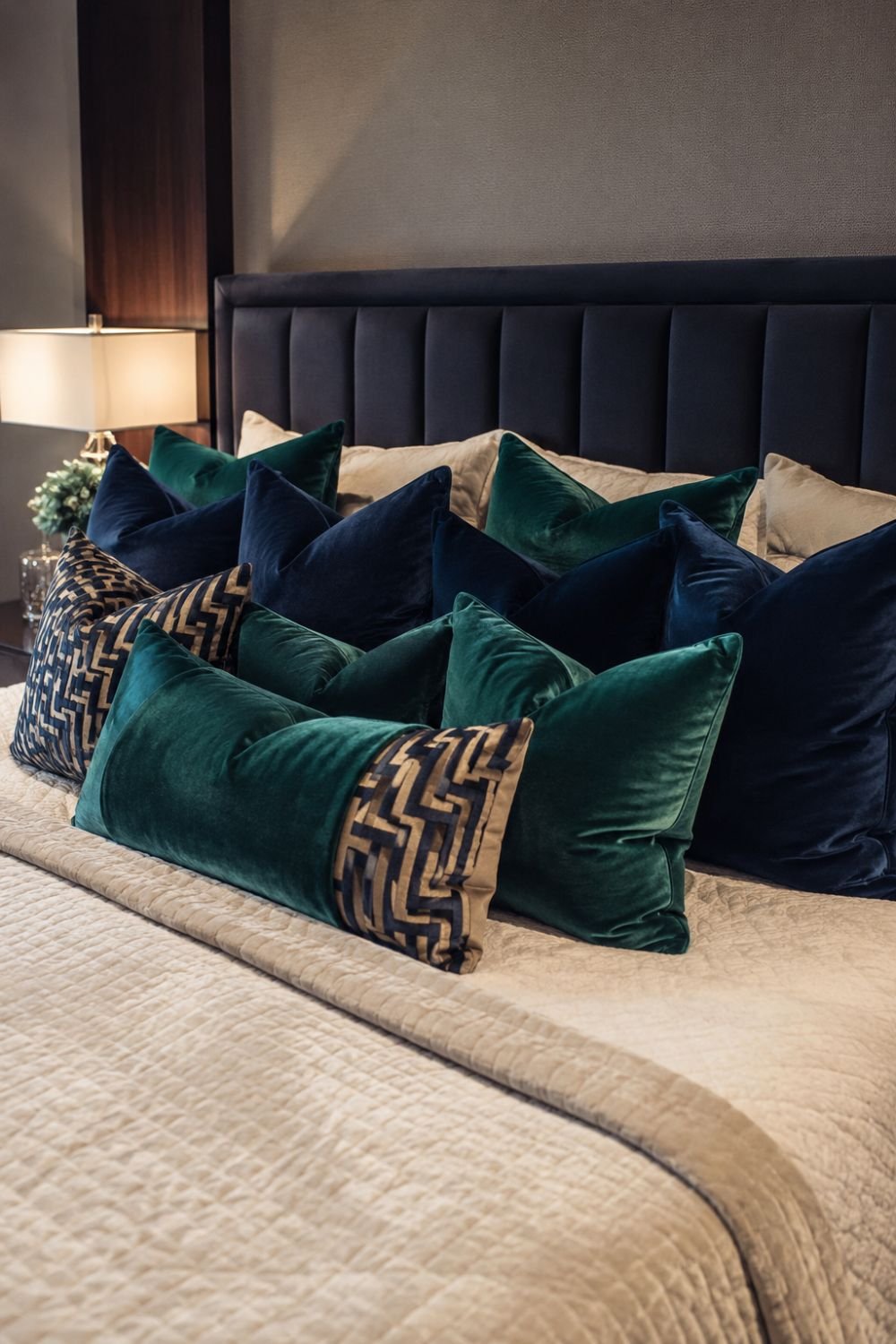 Jewel-toned velvet throw pillows on neo deco bedroom bed