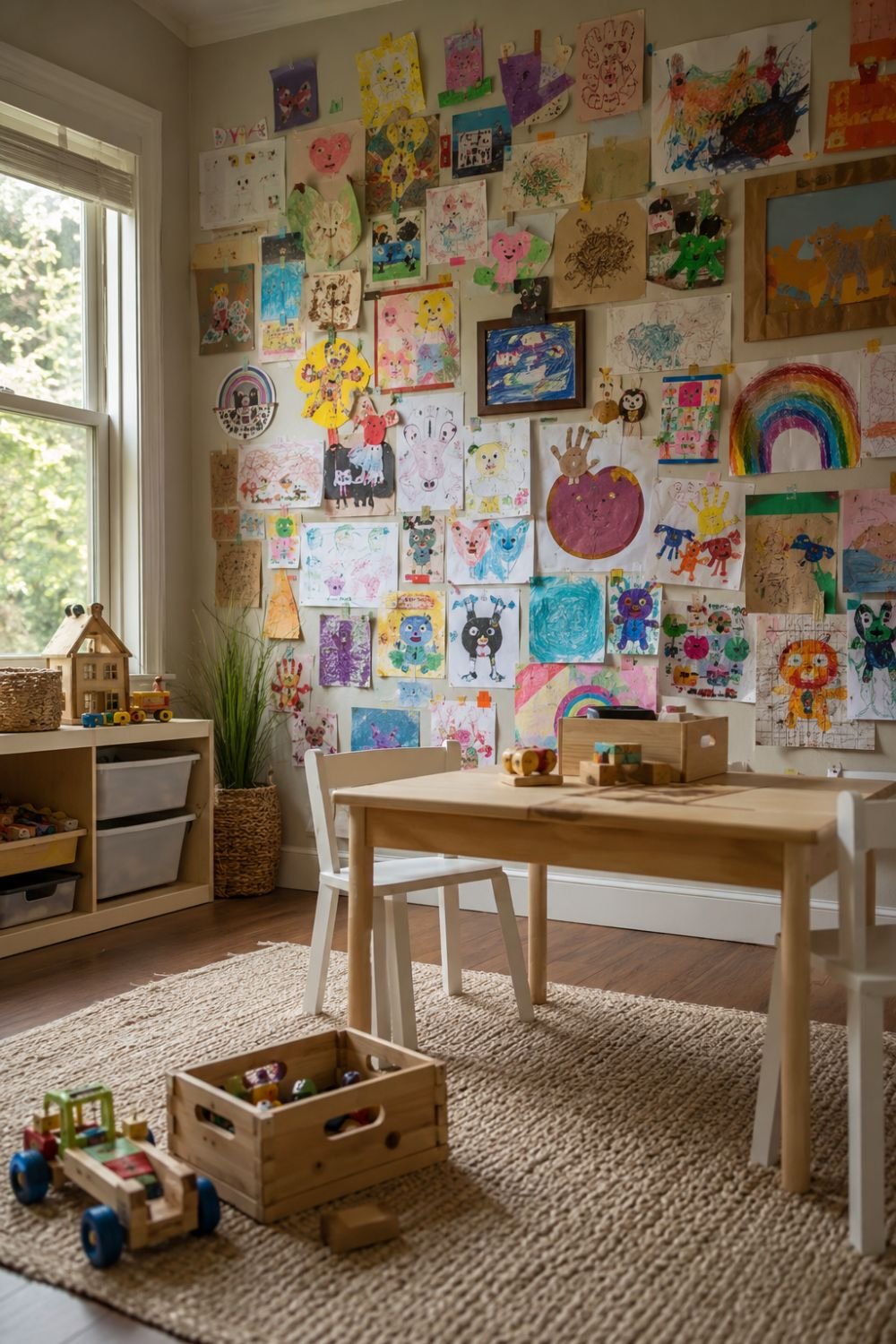 Kids' artwork displayed on playroom gallery wall celebrating creativity